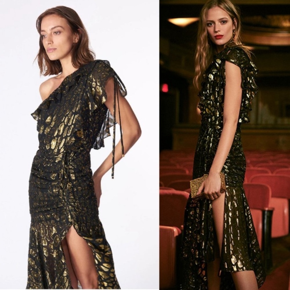 Veronica Beard Leighton One Shoulder Dress in Black Gold Leopard Size 6​